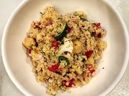 Cous Cous Vegetable salad - Light and delicious mix of onions, edamame, chickpea and mixed vegetables